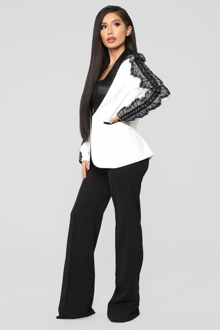 She Means Business Lace Trim Blazer - White