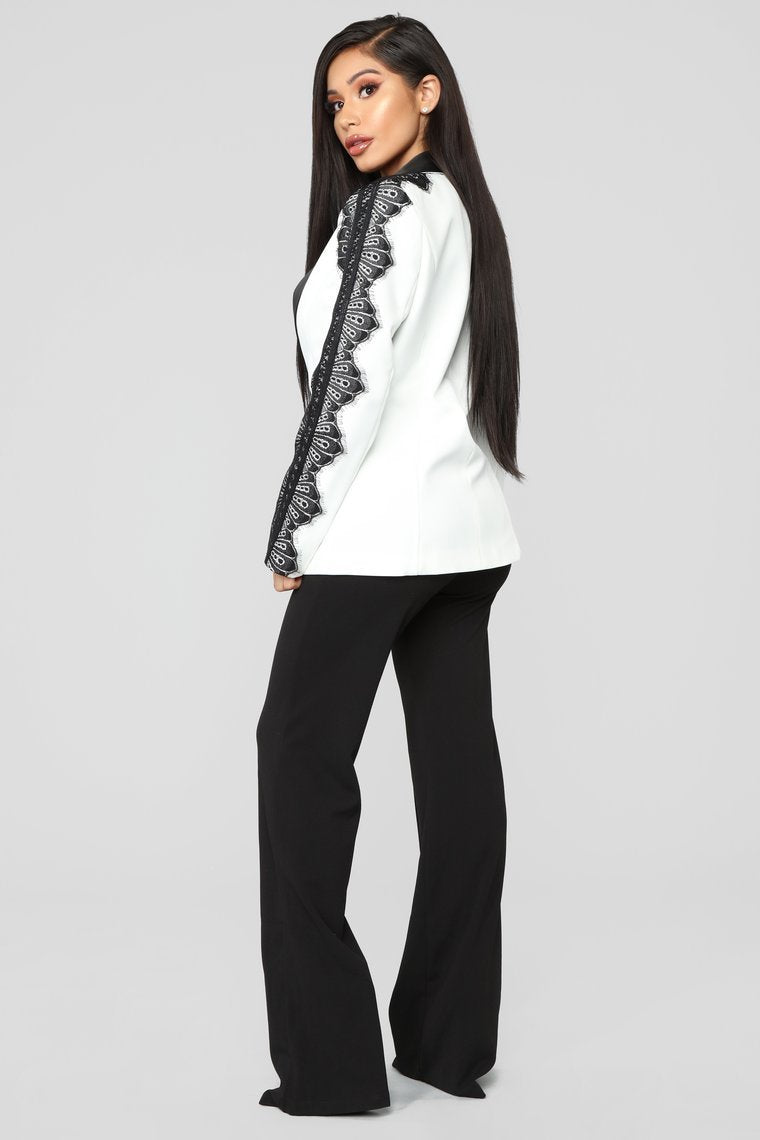 She Means Business Lace Trim Blazer - White