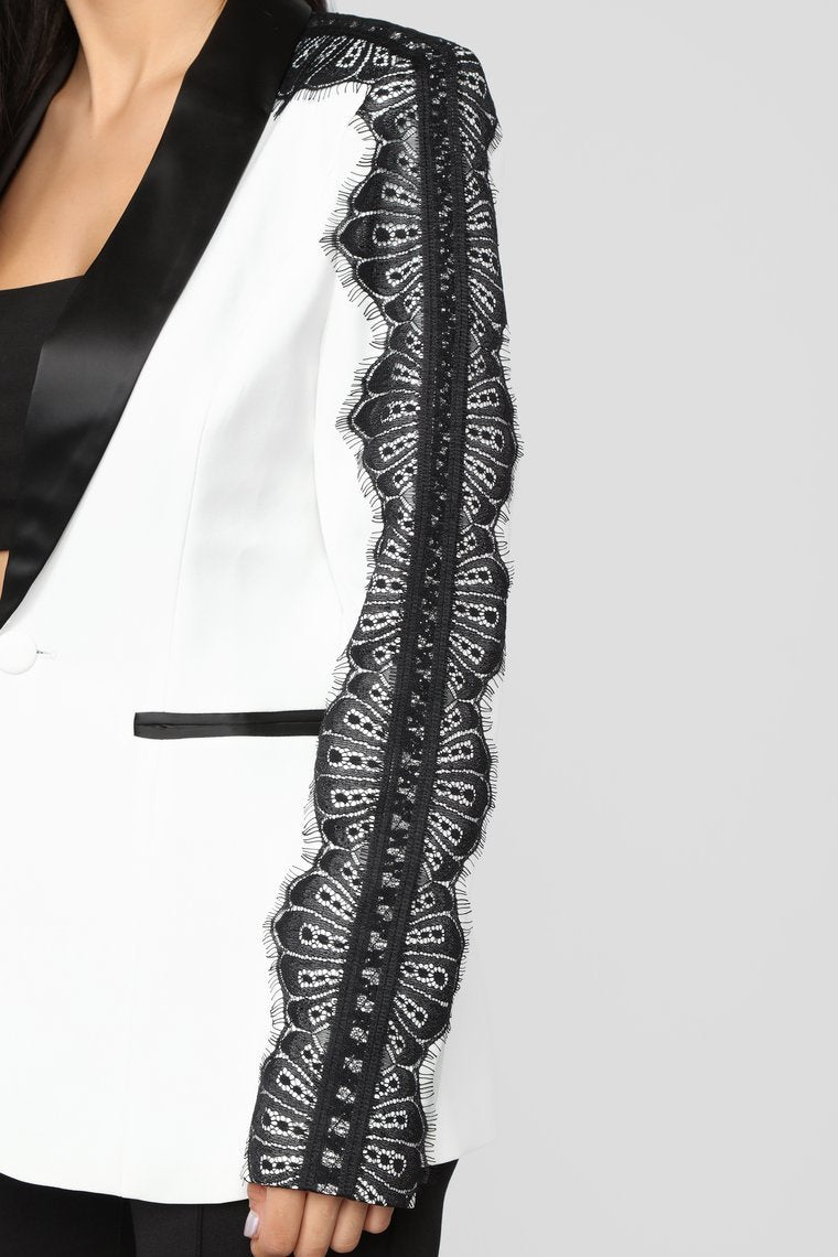She Means Business Lace Trim Blazer - White