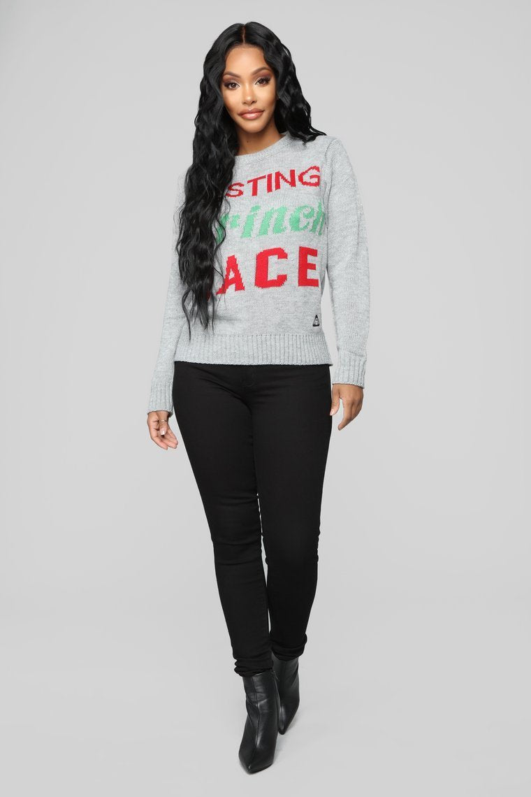 Resting Grinch Face Christmas Sweater - Grey