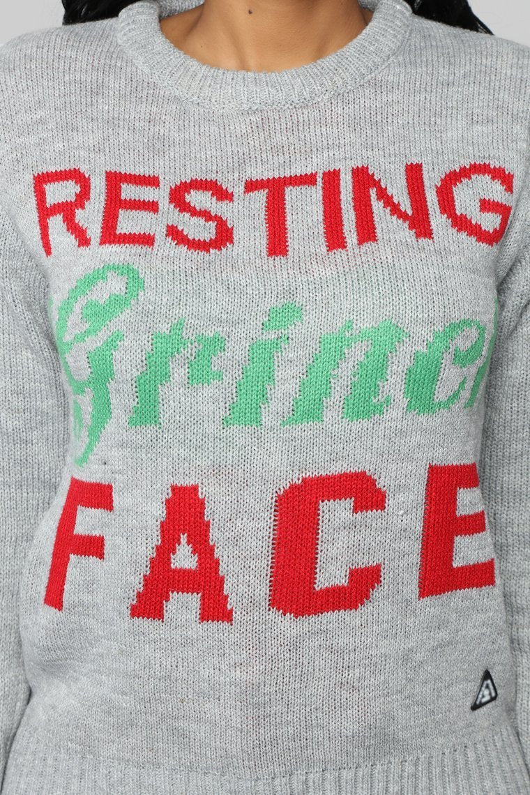 Resting Grinch Face Christmas Sweater - Grey