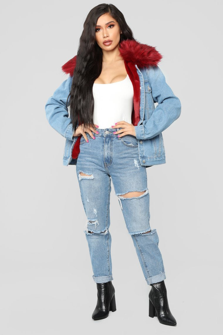 Foxy Fur Denim Jacket - Denim/Red