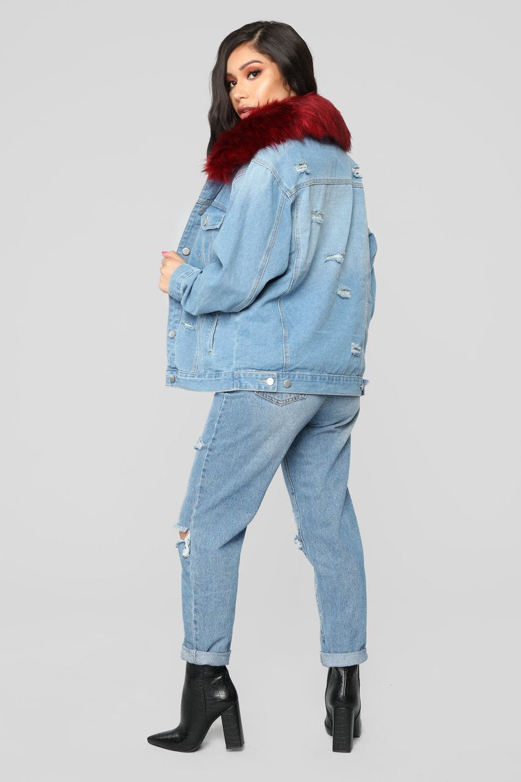 Foxy Fur Denim Jacket - Denim/Red