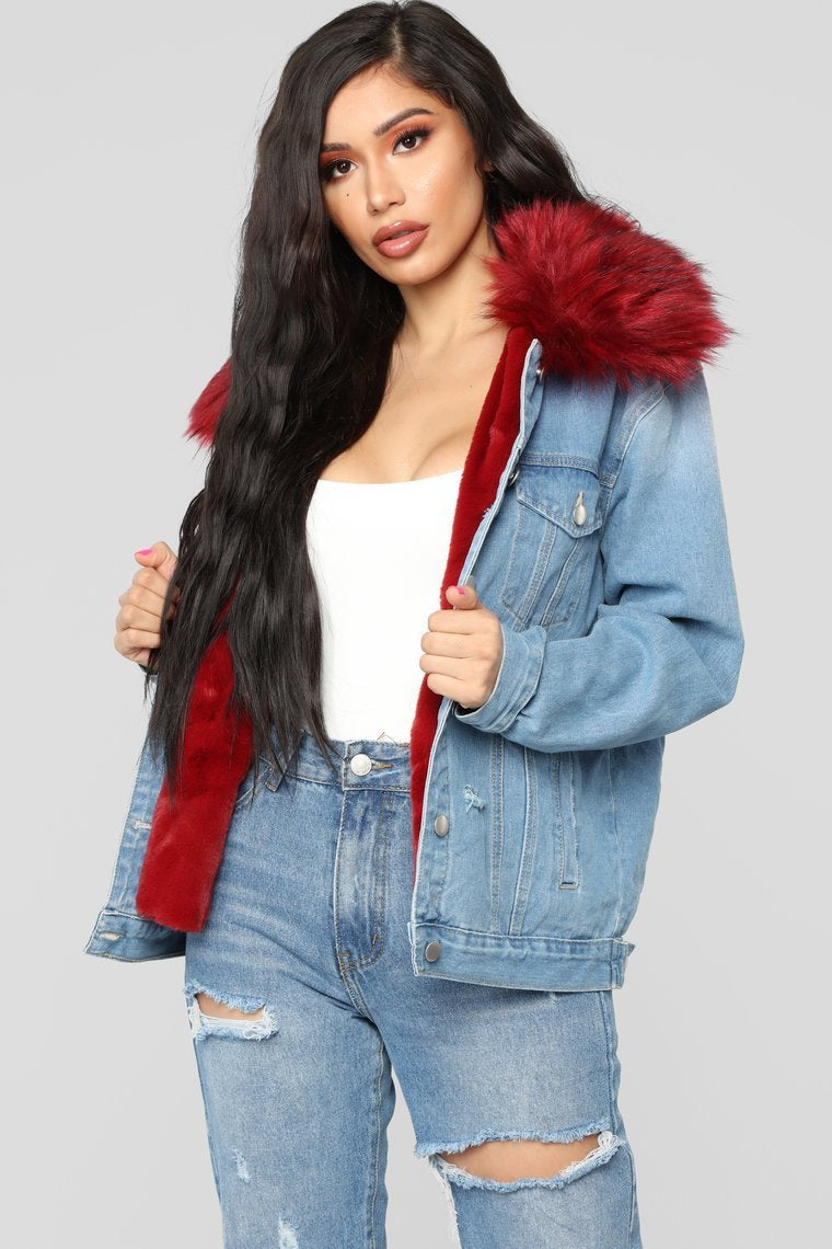 Foxy Fur Denim Jacket - Denim/Red