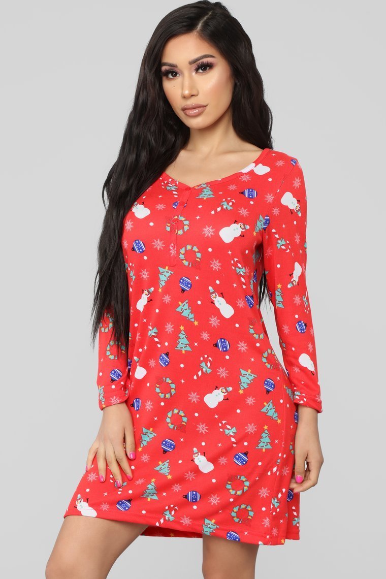 Come Home For Christmas PJ Dress - Red/Combo