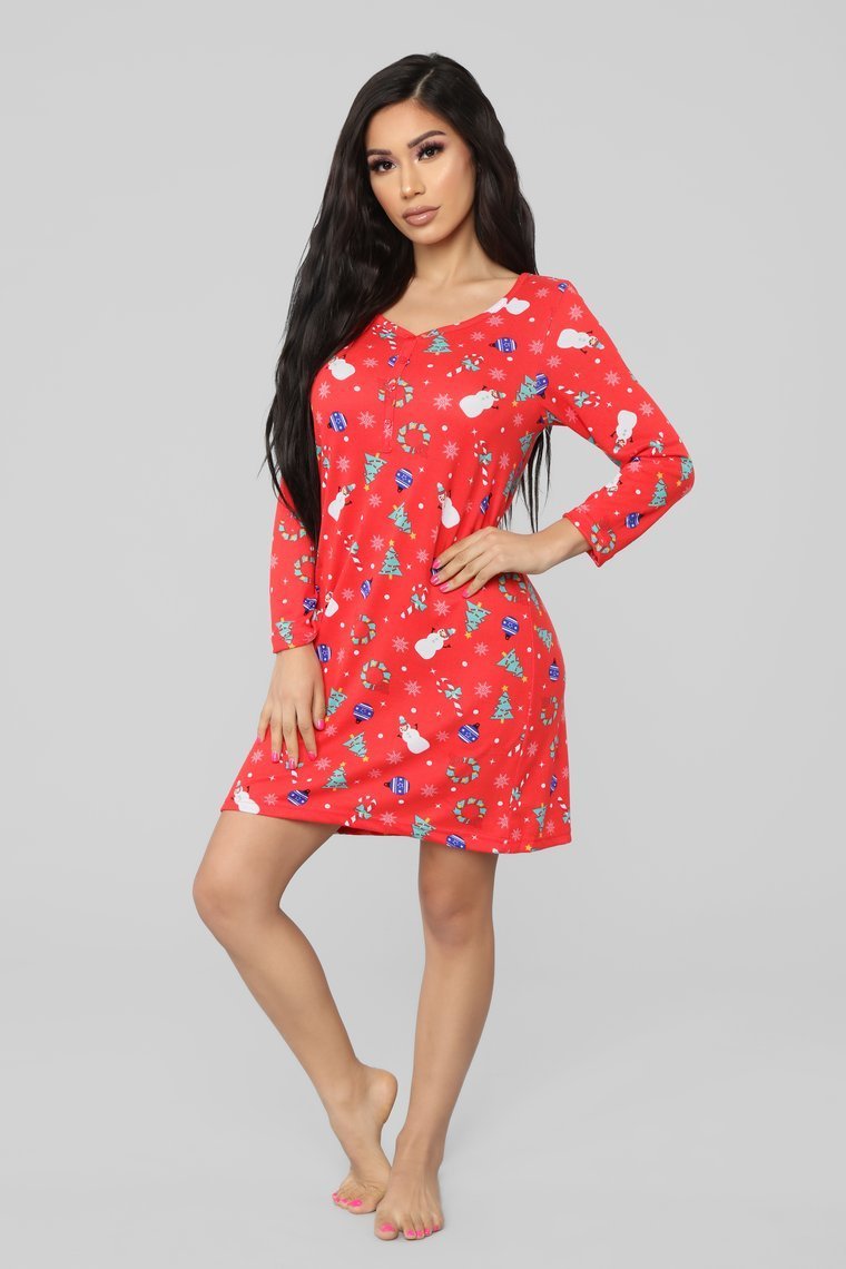 Come Home For Christmas PJ Dress - Red/Combo