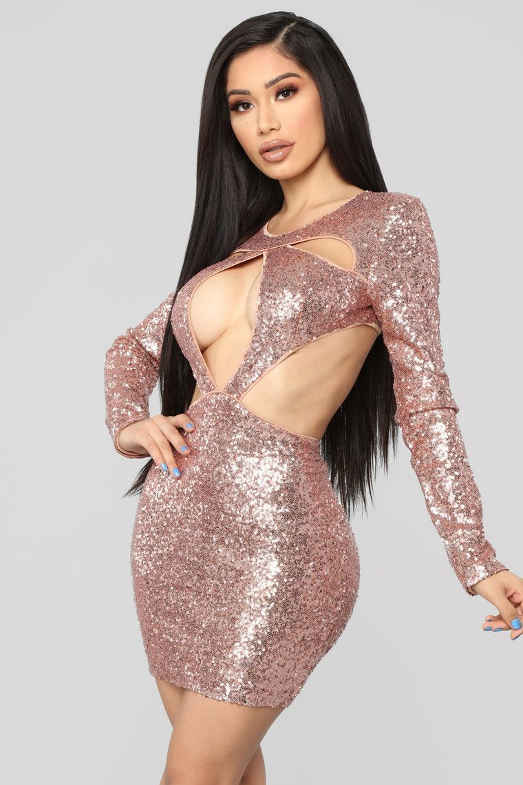 The Part Can Now Begin Sequin Dress - Rose Gold