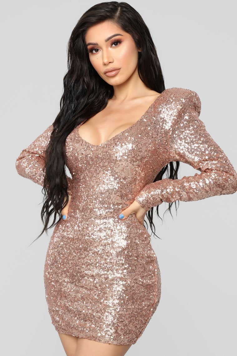 Here To Shine Sequin Dress - RoseGold