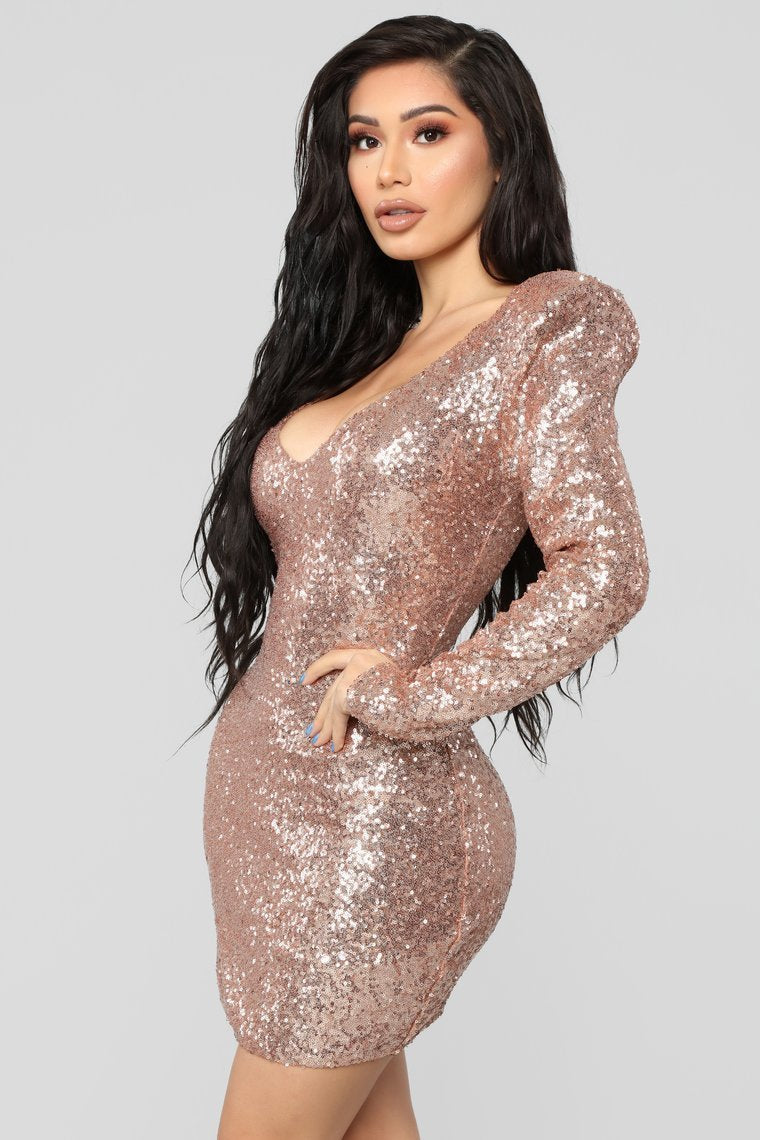 Here To Shine Sequin Dress - RoseGold