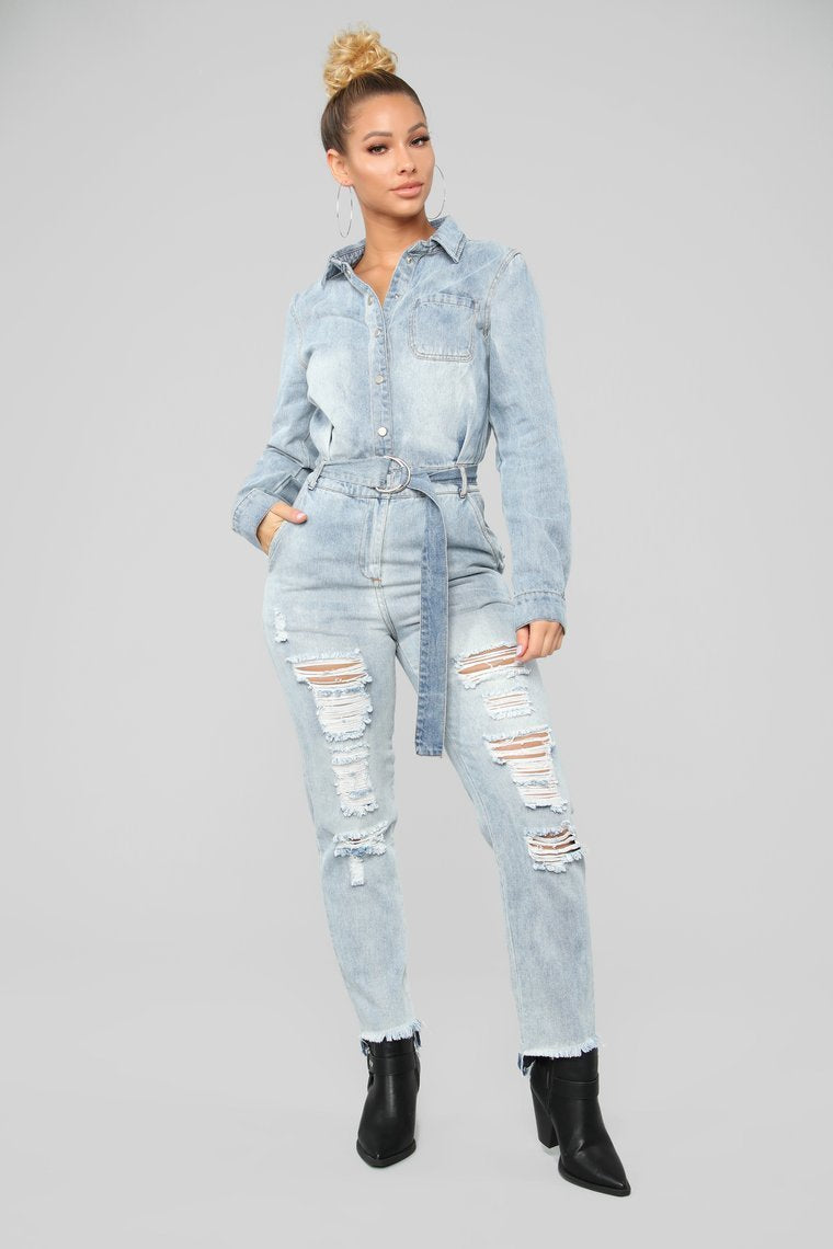 Less Stress Without You Denim Jumpsuit - Light Wash
