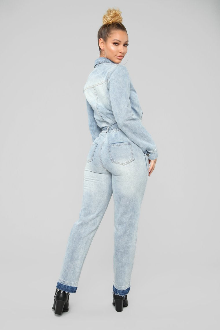 Less Stress Without You Denim Jumpsuit - Light Wash