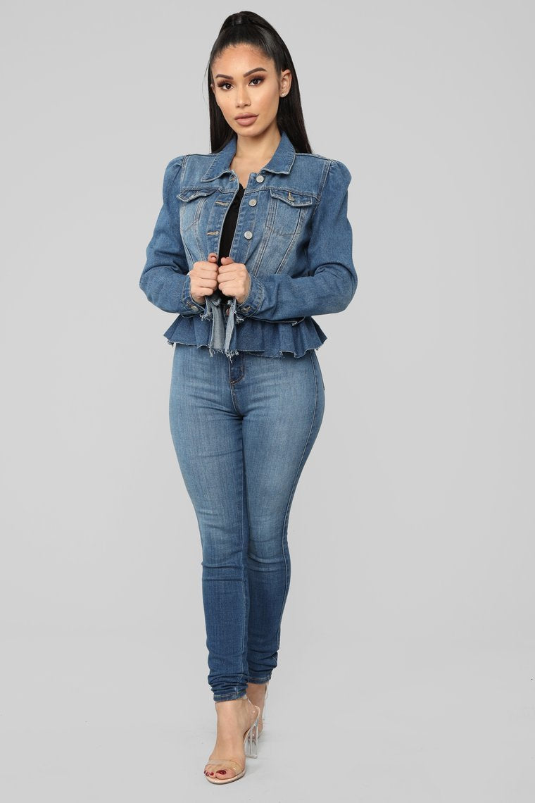 Ruffle Up Denim Jacket - Medium Wash