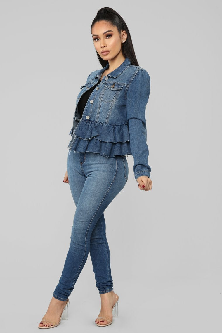 Ruffle Up Denim Jacket - Medium Wash