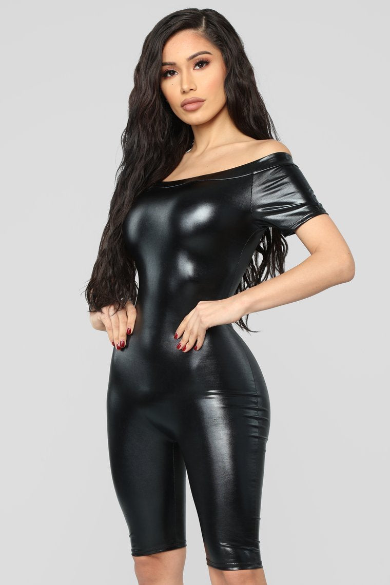 Fake Them Out PU Biker Romper - Black