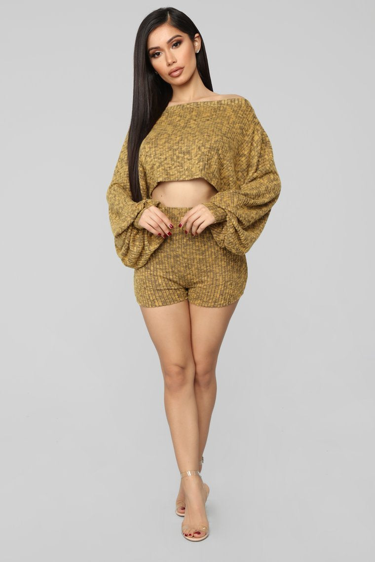 Ask Heather Ribbed Short Set - Mustard
