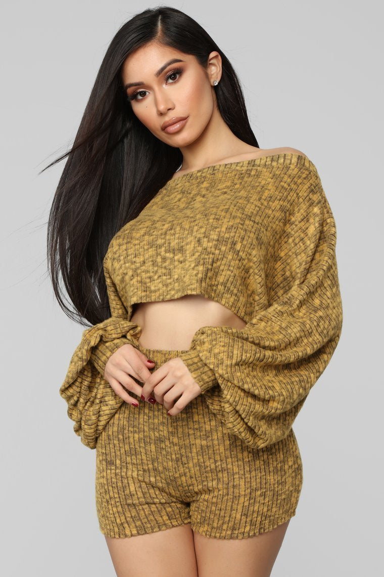 Ask Heather Ribbed Short Set - Mustard