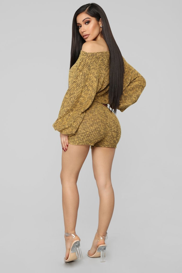 Ask Heather Ribbed Short Set - Mustard