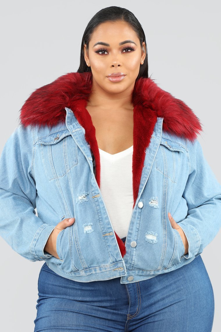 Foxy Fur Denim Jacket - Denim/Red
