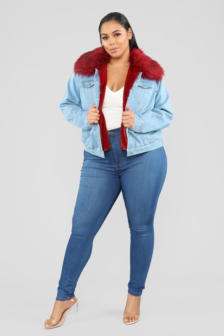 Foxy Fur Denim Jacket - Denim/Red