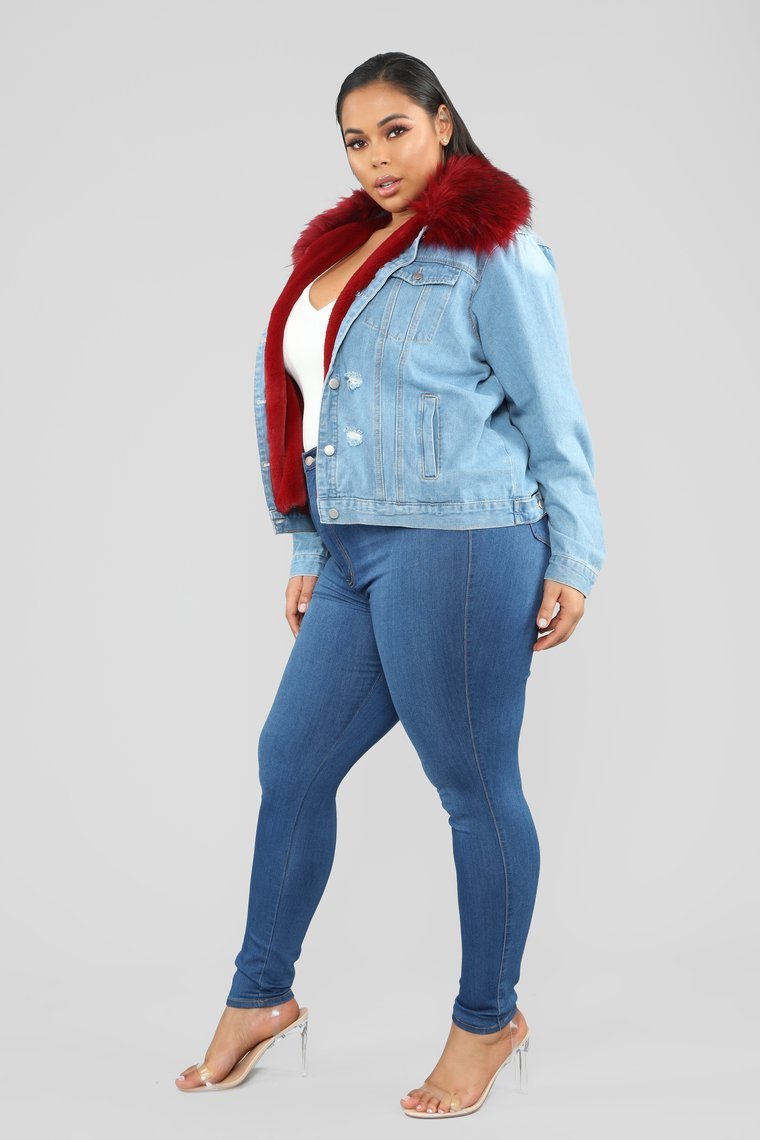 Foxy Fur Denim Jacket - Denim/Red
