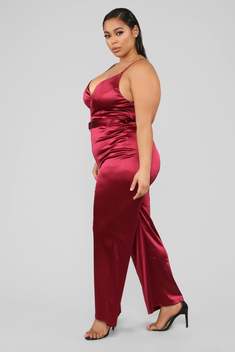 This Is Everything Satin Jumpsuit - Burgundy