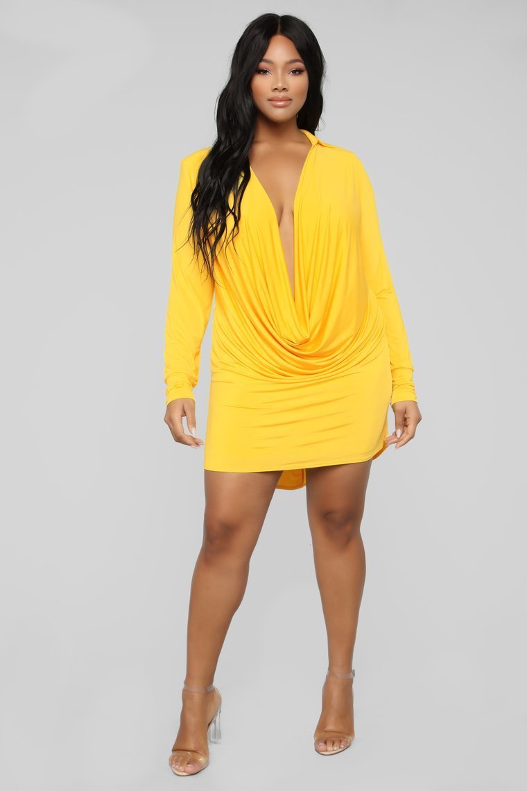 Slay The Night Cowl Neck Dress - Yellow