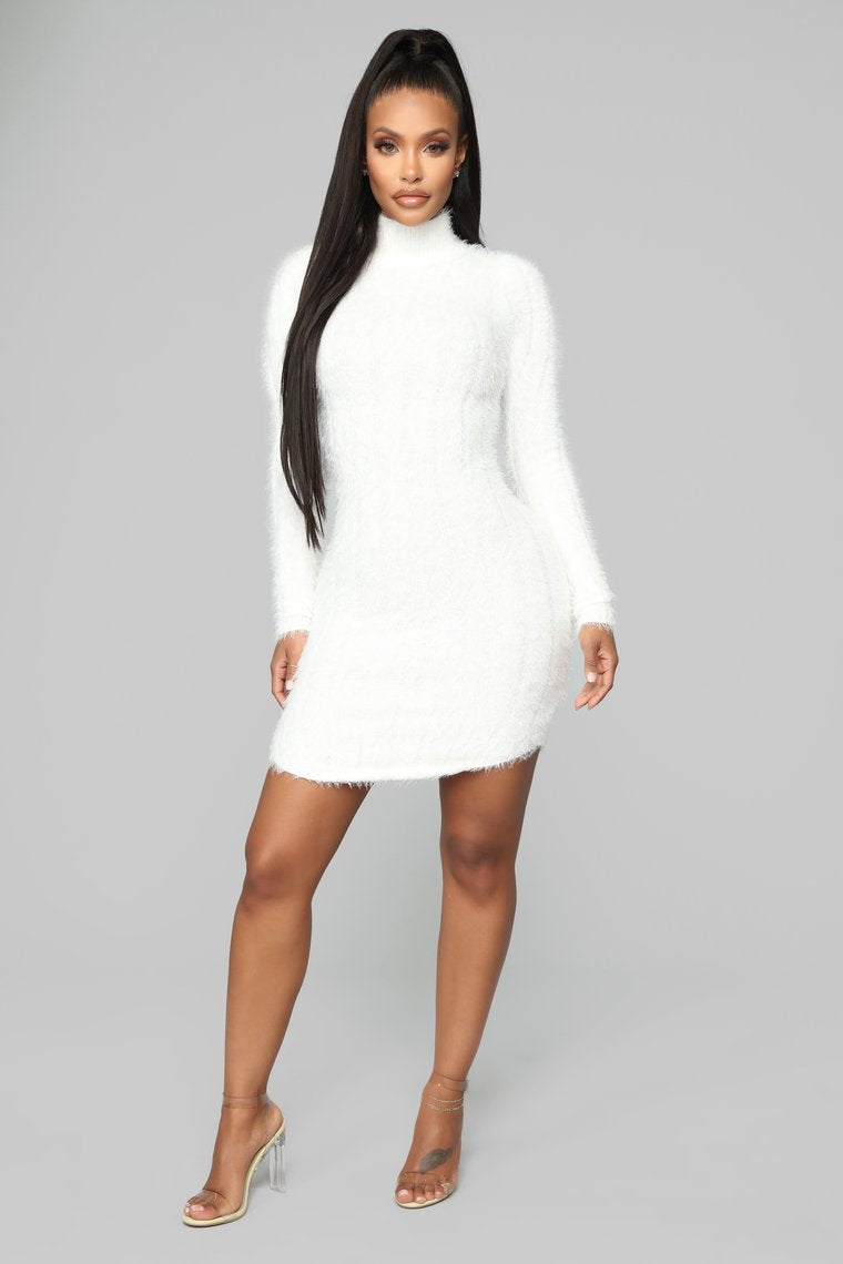 Feel Me Up Fuzzy Sweater Dress - White