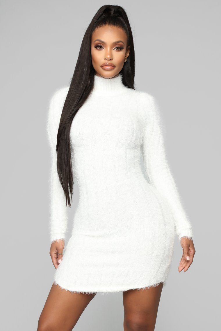 Feel Me Up Fuzzy Sweater Dress - White