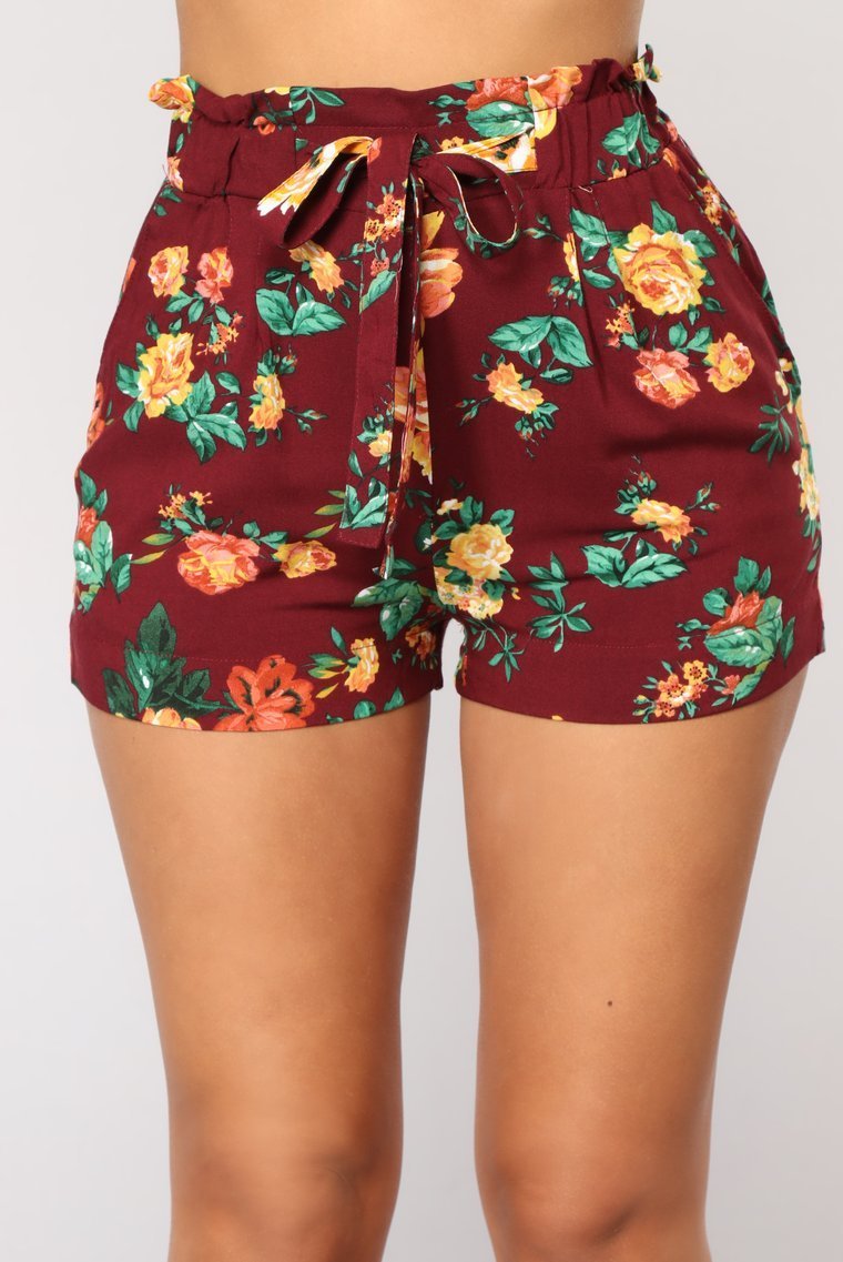Flower Power Tie Waist Shorts - Burgundy