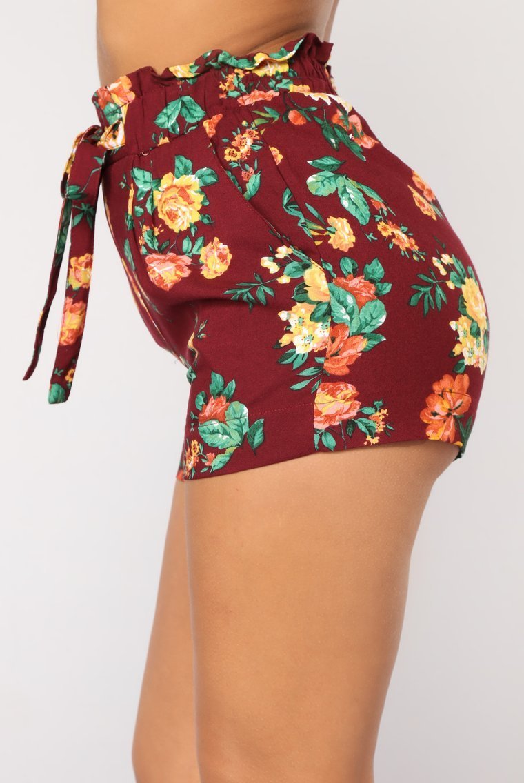 Flower Power Tie Waist Shorts - Burgundy