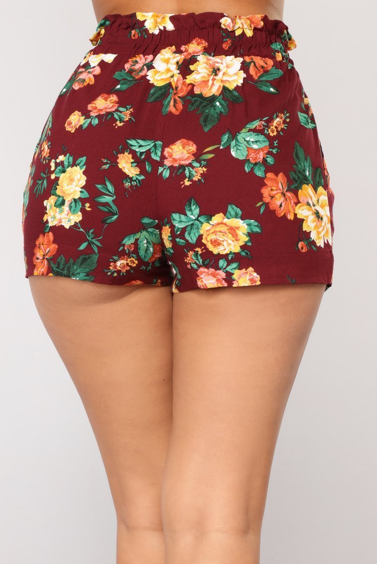 Flower Power Tie Waist Shorts - Burgundy