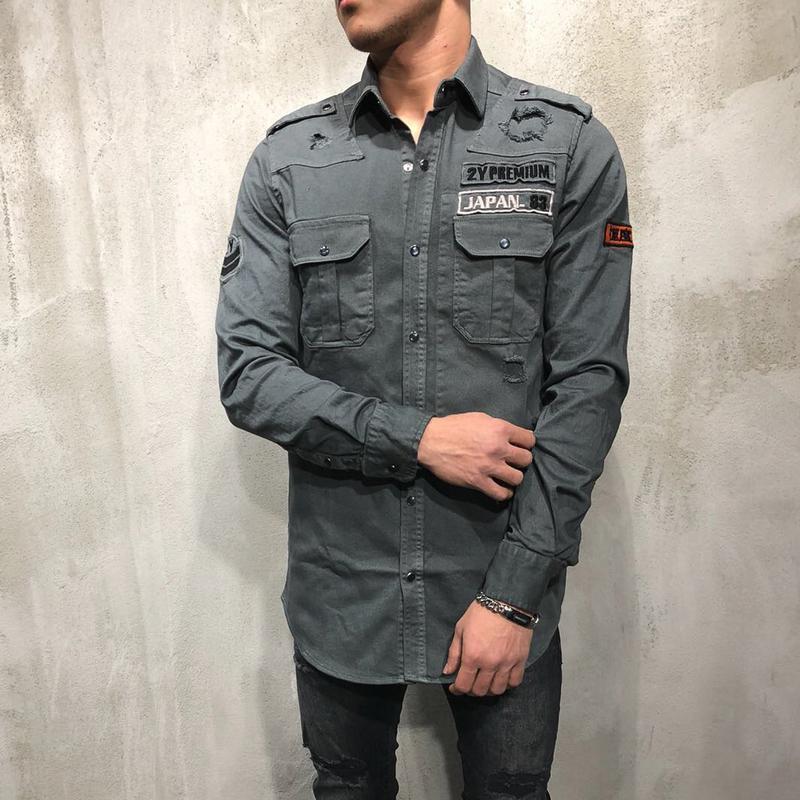 MILITARY RIPPED DENIM CARGO SHIRT 3673