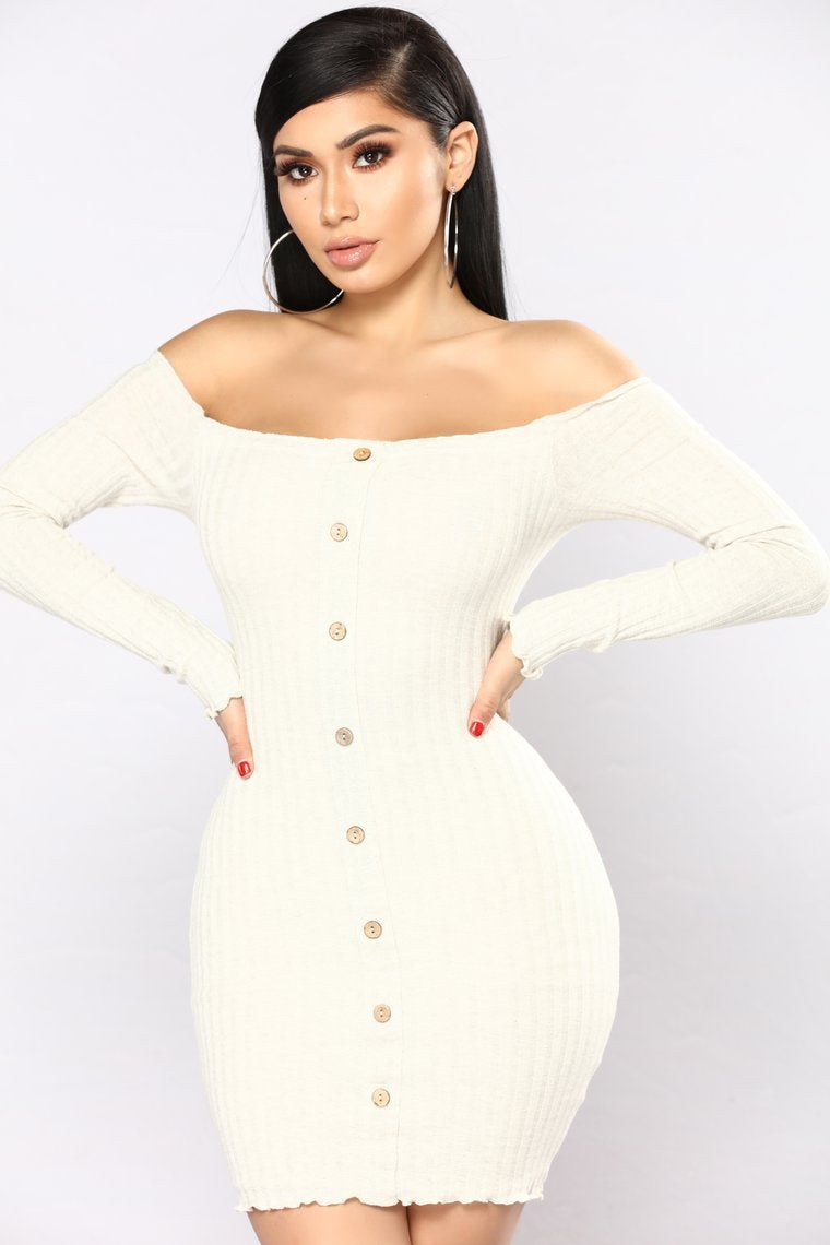 Jacklyn Off Shoulder Mini Dress - Oatmeal